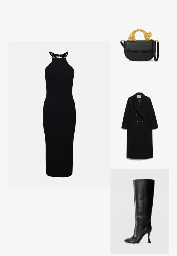 IVY OAK IOCLEMENCE - Klassisk frakke - black; Sort midi kjole med halterneck lavet af glat stof. Har udsnit ved halsudskæringen. tætsiddende silhuet og ensfarvet.; Sorte læderknæ-høje støvler med en tætsiddende skaft og spids tå. Har en karakteristisk buet hæl og en glat tekstureret overflade.; Sort læder skuldertaske med gyldent håndtag formet som en kat og matchende gyldne beslag, klaplukning.