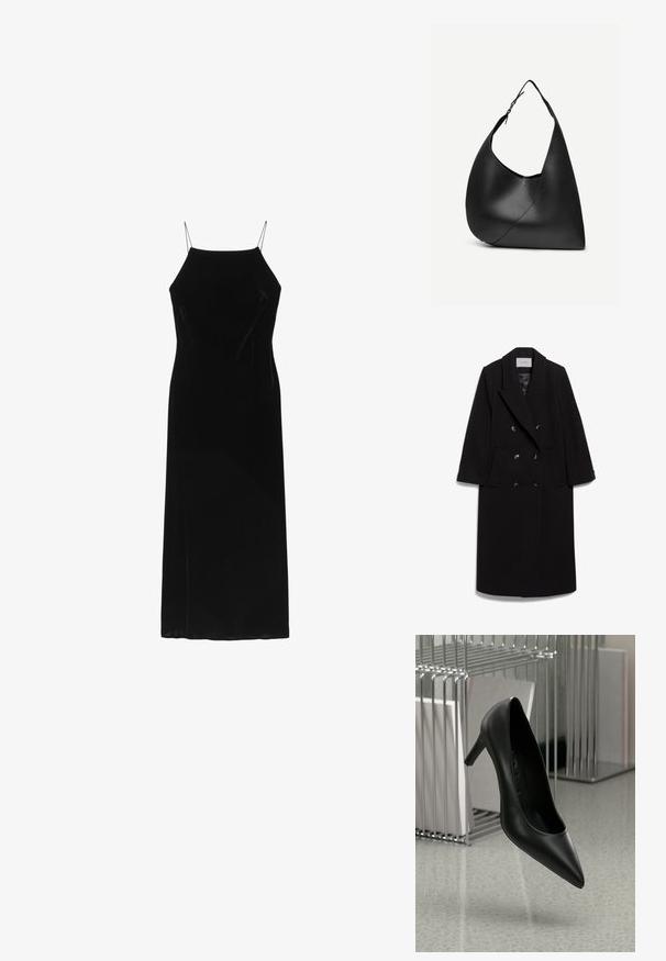 IVY OAK IOCLEMENCE - Klassisk frakke - black; Sorte fløjl maxi kjole med spaghetti stropper, der har en tætsiddende bodice og en svævende silhuet, med en glat tekstur og ingen synlige mønstre.; Sort læder højhælet sko med spids tå og en slank hæl, sat mod en minimalistisk baggrund med metal og neutrale farver.; Sort læder skuldertaske med buet trekantet form, enkelt justerbart rem og synlig diagonal søm foran.