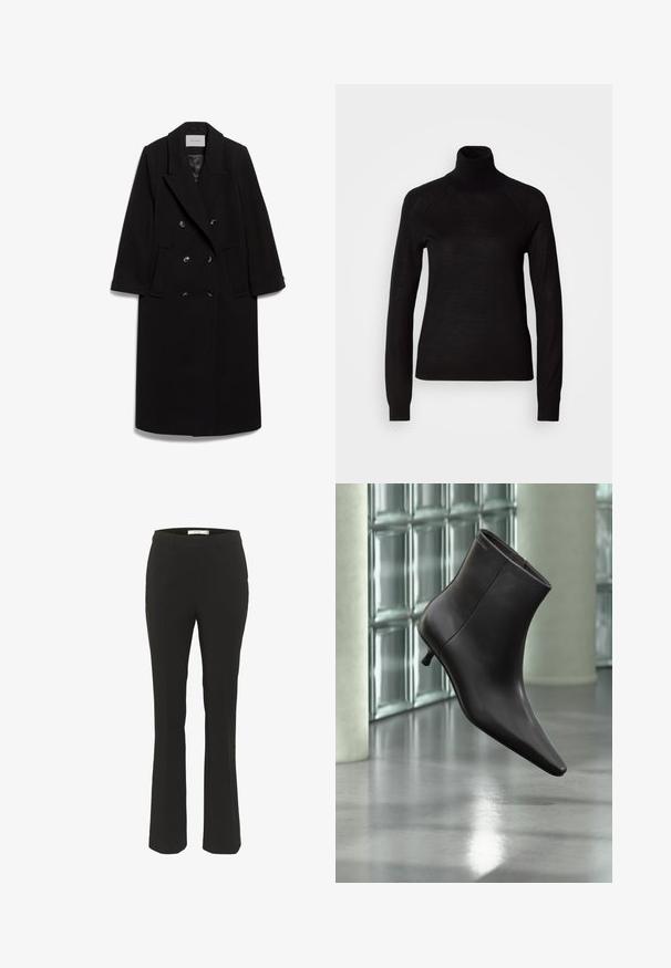 IVY OAK IOCLEMENCE - Klassisk frakke - black; Sort turtleneck sweater lavet af et let strikket stof. Har lange ærmer og en tætsiddende silhuet med raglan-sømme.; Sorte skræddersyede bukser med slim fit, flagrende bund, glat front og ingen synlige lommer. Fremstillet af glat stof med minimale sømme.; Sort læderankelstøvle med spids tå og lille hæl vist mod en væg af glasblokke og poleret gulv baggrund.
