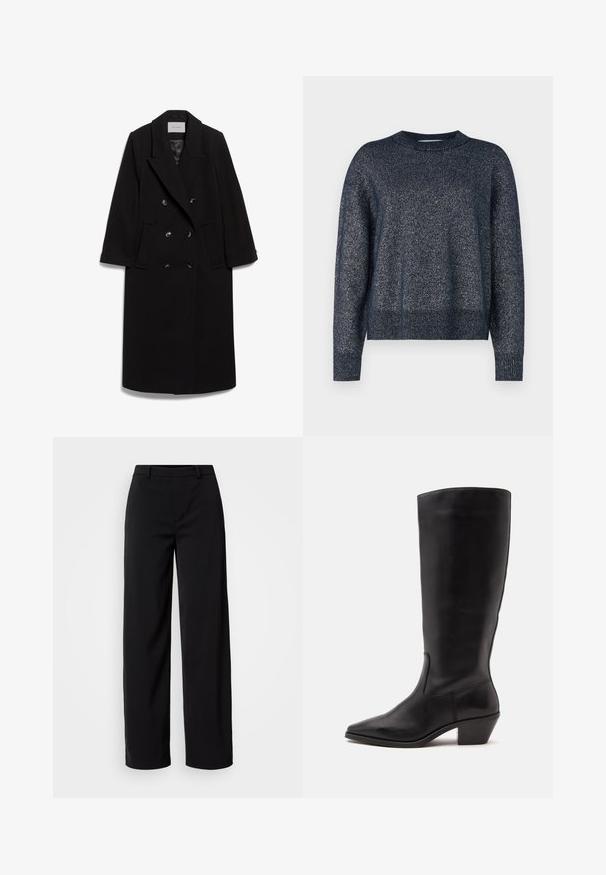 IVY OAK IOCLEMENCE - Klassisk frakke - black; Marineblå strikket sweater med rund halsudskæring, lange ærmer og en tekstureret overflade med subtile metalliske tråde throughout.; Sorte brede bukser lavet af glat stof, med et klassisk talje bånd og en skræddersyet silhuet med frontlommer.; Sort læderstøvle til midtkalv med spids tå og lavt skråt hæl på en enkel lys baggrund.