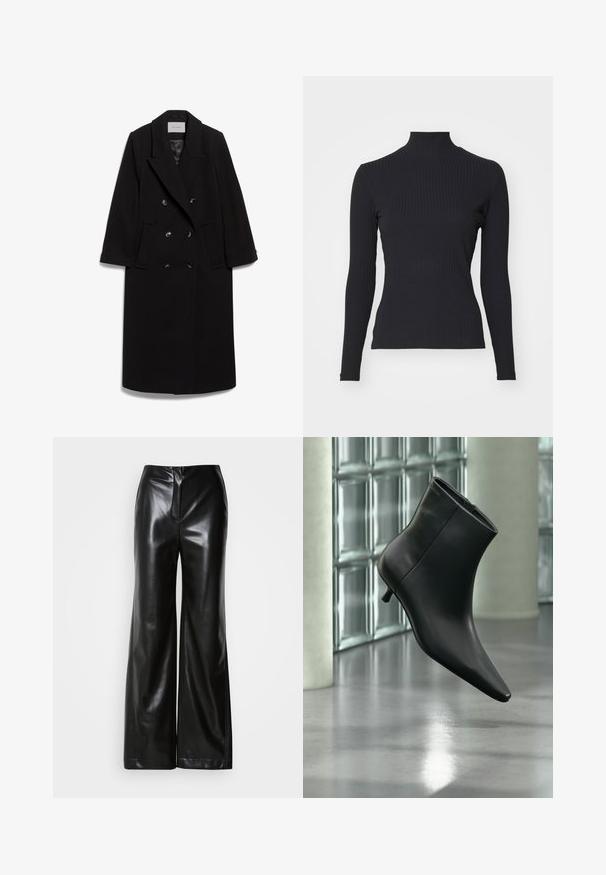 IVY OAK IOCLEMENCE - Klassisk frakke - black; Sort ribbet turtle-sweater med lange ærmer. Lavet af strækbart stof med en tætsiddende pasform og høj krave. Enkel design uden udsmykninger.; Sorte læder bukser med bred ben, glat tekstur, høj talje og skjult lynlås foran. Skræddersyet pasform med en ren finish.; Sort læderankelstøvle med spids tå og lav kitten-hæ, vist vinklet mod en poleret gulv- og glasblokvæg.