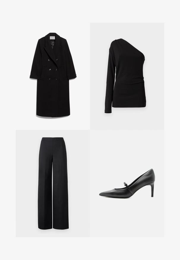 IVY OAK IOCLEMENCE - Klassisk frakke - black; Sort langærmet top med en asymmetrisk halsudskæring, glat tekstur og tætsiddende silhuet. Ingen synlige mønstre eller udsmykninger.; Sorte brede benbukser lavet af glat stof. Har en høj talje og rene, lige linjer uden synlige lommer eller pynt.; Sort læderspids højhælede sko med tynd rem og spænde over vristen, stående på en neutral lys baggrund.