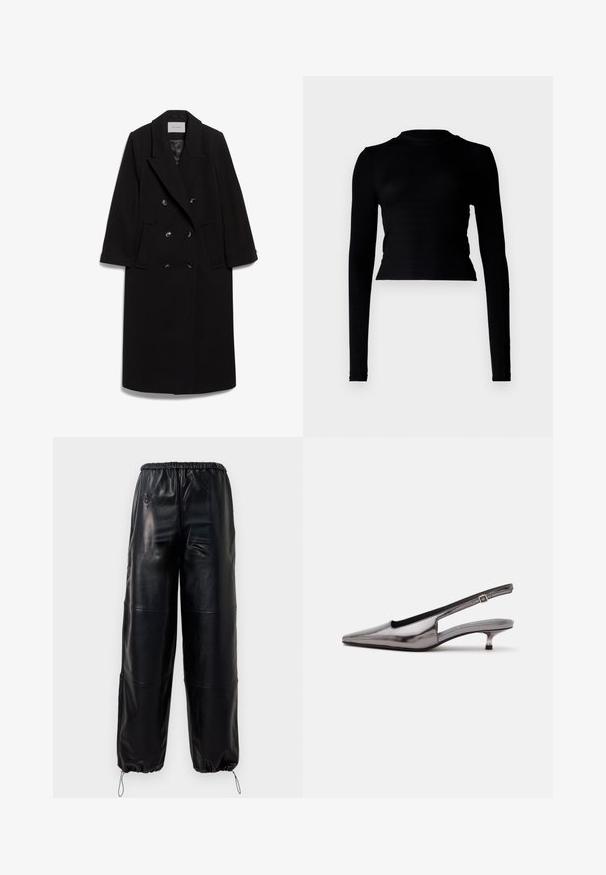 IVY OAK IOCLEMENCE - Klassisk frakke - black; Sort langærmet crop top i ribbet tekstur, med høj halsudskæring og tætsiddende design. Minimalistisk stil uden synlige mønstre eller accenter.; Sorte faux læder bukser med vide ben, elastisk talje og justerbare snore ved anklerne, prydet med subtile syede detaljer.; Metalgrå spids slingback-sko med lav kittenhæle og justerbar rem på hvid baggrund.