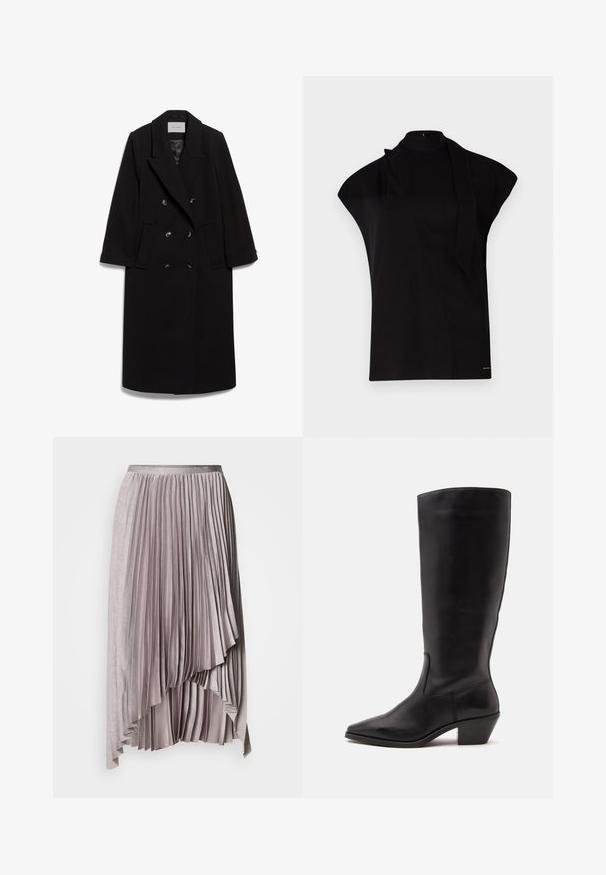 IVY OAK IOCLEMENCE - Klassisk frakke - black; Sort, højhalset top med korte ærmer, der har et asymmetrisk design og et langt halsbånd. Lavet af glat stof med et minimalistisk udtryk.; Lys mauve asymmetrisk plisseret nederdel med satinlinning og lagdelt, faldende kantdetalje mod en ensfarvet baggrund.; Sort læderstøvle til midtkalv med spids tå og lavt skråt hæl på en enkel lys baggrund.