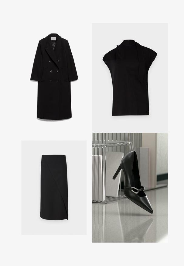 IVY OAK IOCLEMENCE - Klassisk frakke - black; Sort, højhalset top med korte ærmer, der har et asymmetrisk design og et langt halsbånd. Lavet af glat stof med et minimalistisk udtryk.; Sort knælang pencilskørt med asymmetrisk overlap foran på en hvid baggrund.; Sort spids højhælet sko med en sølvspænde, placeret på en reflekterende overflade nær en metalfilorganisator med papirer.