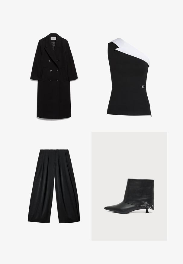 IVY OAK IOCLEMENCE - Klassisk frakke - black; Top med én skulder i sort stof med en kontrasterende hvid kragedetalje. Har en tætsiddende form og et lille logo i nederste højre hjørne.; Sorte bukser med viddeben, høj talje og forfoldninger foran, lavet af glat stof, lagt fladt på en hvid baggrund.; Sort læderankelstøvle med spids tå, kort kittenhæl og sølvfarvet skriftlig detalje nær hælen.