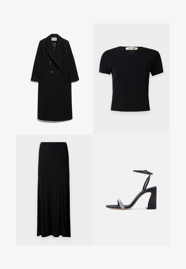IVY OAK IOCLEMENCE - Klassisk frakke - black; Sort kortærmet t-shirt med V-halsdesign, lavet af et glat, strækbart stof. Har en enkel, klassisk silhuet uden udsmykninger.; Sort maxiskirt lavet af et glat stof, med en sideslids, elastisk talje og lige snit for et minimalistisk design.; Sort højhælet sandal med ankrem og glitrende rhinstenrem ved tæerne på hvid baggrund.