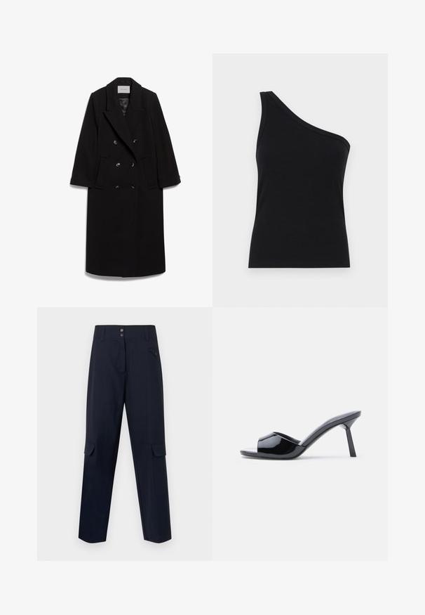 IVY OAK IOCLEMENCE - Klasický kabát - black; Čierny rebrovaný top na jedno rameno s priliehavým strihom a jemnou textúrou. Obsahuje čistý, minimalistický strih a hladký výstrih.; Námornícke cargo nohavice vyrobené z tkaného materiálu, s dvoma bočnými vreckami, zapínaním na gombík a priamym strihom.; Čierne lakované kožené sandále na podpätku s otvorenou špičkou, s výrazným zakriveným horným dizajnom a štíhlym ihlovým podpätkom. Hladký lesklý povrch.