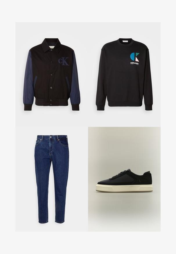 Veste noire avec manches bleu marine, fermeture à boutons et logo "cK" brodé. Dotée d'un col et de poignets élastiqués pour un look ajusté.; Sweatshirt noir avec col rond et manches longues, présentant un logo CK coloré en bleu, vert et rose sur le devant. Texture lisse.; Jean droit en denim bleu foncé avec fermeture à bouton et zip à l'avant, passants pour ceinture, poches avant et arrière.; Baskets basses noires à semelle épaisse blanche, lacets à l'avant et logo discret "cK" sur le côté.