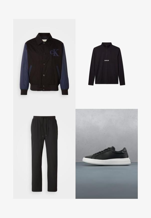 Veste noire avec manches bleu marine, fermeture à boutons et logo "cK" brodé. Dotée d'un col et de poignets élastiqués pour un look ajusté.; Pull noir à manches longues Calvin Klein avec une fermeture éclair sur le quart et un logo blanc imprimé sur la poitrine.; Pantalons de jogging noirs en tissu léger, dotés d'une taille élastique avec cordons de serrage réglables et poches latérales. Texture lisse.; Baskets en cuir noir avec une finition lisse, semelle en caoutchouc blanc, forme arrondie, six œillets pour les lacets et une marque discrète sur le talon.