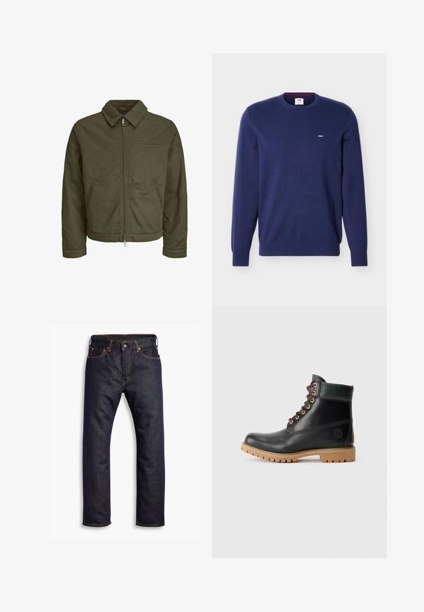 Olivgrüne Zip-Jacke mit Kragen, zwei Seitentaschen, einer Brusttasche und langen Ärmeln.; Marineblauer Levi's Pullover mit Rundhalsausschnitt, langen Ärmeln und kleinem weißem Levi's Logo auf der linken Brust.; Dunkelblaue gerade geschnittene Jeans aus Denim mit fünf Taschen und orangefarbenen Kontrastnähten, flach auf einem weißen Hintergrund ausgelegt.; Schwarze Leder Stiefelette mit braunen Schnürsenkeln, gepolstertem grünen Kragen und beigefarbenem Gummisohle mit tiefen Profilen, seitliche Ansicht auf weißem Hintergrund.