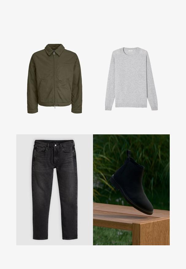Olivgrüne Zip-Jacke mit Kragen, zwei Seitentaschen, einer Brusttasche und langen Ärmeln.; Hellgrauer Langarmpullover mit Rundhalsausschnitt, gerippten Bündchen und Saum, flach liegend auf weißem Hintergrund dargestellt.; Schwarze Slim-Fit-Denim-Jeans mit fünf Taschen, Gürtelschlaufen und einem vorderen Knopf- und Reißverschluss, flach auf einem hellen Hintergrund ausgebreitet.; Schwarzer Chelsea-Stiefel aus glattem Leder mit Zuglasche, runder Spitze, elastischen Seitenteilen und niedrigem Absatz. Auf einer Holzoberfläche präsentiert.