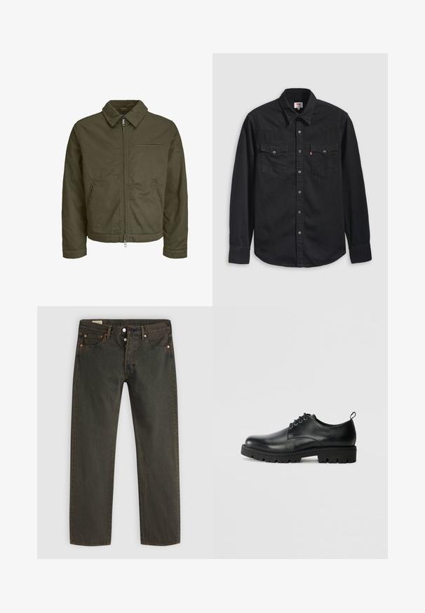 Olivgrüne Zip-Jacke mit Kragen, zwei Seitentaschen, einer Brusttasche und langen Ärmeln.; Schwarzes Jeanshemd mit durchgehender Knopfleiste, zwei Brusttaschen und spitzem Kragen mit sichtbaren Nahtdetails.; Dunkelgrüne Jeans aus Denim mit geradem Beinschnitt, fünf Taschen, Kupferfarbene Beschläge und einem subtilen Waschmuster.; Schwarze Lederschuhe mit runder Zehenform, ausgestattet mit einer Schnürung, robustem schwarzen Gummisohle und einer kleinen Fersenschlaufe auf der Rückseite.
