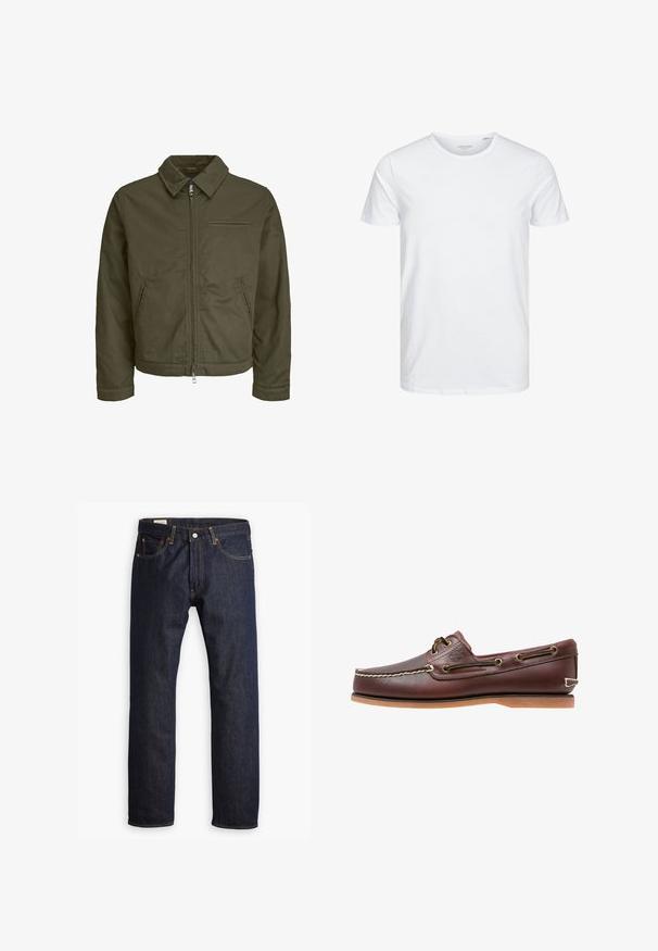 Chaqueta de cremallera verde oliva con cuello, dos bolsillos laterales, un bolsillo en el pecho y mangas largas.; Camiseta de manga corta y cuello redondo en blanco sólido, fabricada en algodón suave, presenta un diseño simple sin patrones ni acentos visibles.; Jeans de mezclilla azul oscuro con un diseño de pierna recta, costuras naranjas y estilo de cinco bolsillos con cierre de botón metálico.; Zapato náutico de cuero marrón con costuras blancas, detalles de cordones y suela de goma color coñac, mostrado de lado sobre un fondo blanco.