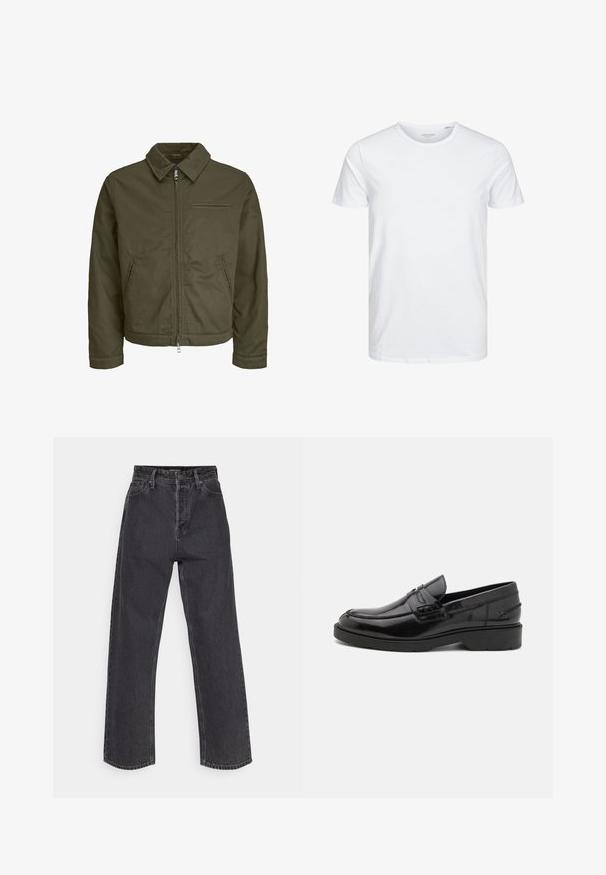 Chaqueta de cremallera verde oliva con cuello, dos bolsillos laterales, un bolsillo en el pecho y mangas largas.; Camiseta de manga corta y cuello redondo en blanco sólido, fabricada en algodón suave, presenta un diseño simple sin patrones ni acentos visibles.; Vaqueros de tiro alto y pierna recta en denim gris oscuro, con un diseño clásico de cinco bolsillos y costuras en contraste en las costuras.; Mocasines de cuero negro con un acabado suave, punta redondeada, tacón bajo y costura decorativa en la parte delantera. Suela de goma para mayor agarre.