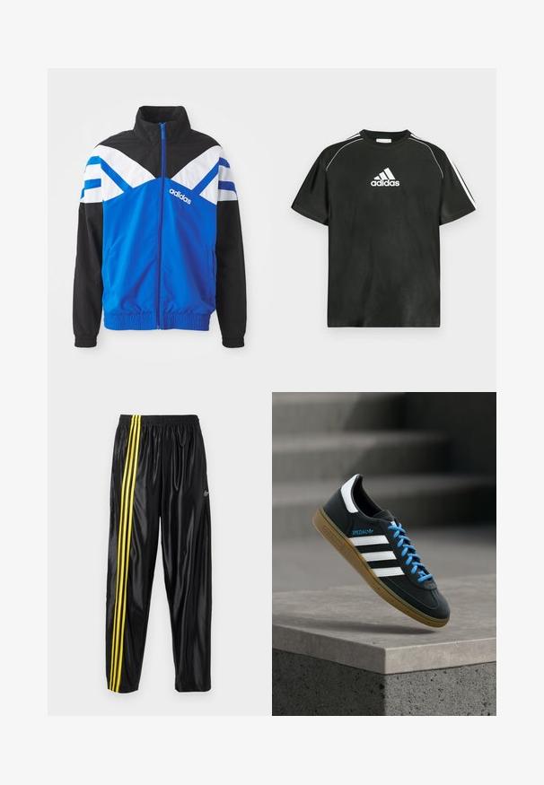Blauwe en zwarte windbreaker jas met een wit en blauw chevronpatroon, ritsluiting, elastische mouwen en zijzakken. Adidas-logo zichtbaar.; Zwart T-shirt met korte mouwen en een wit Adidas-logo op de borst en witte strepen op de schouders. Gemaakt van gladde stof, met een ontspannen pasvorm.; Zwarte sportbroek van glanzend materiaal met een elastische tailleband, voorzien van twee gele strepen langs de zijkant en een klein logo.; Zwarte Adidas-sneaker met witte strepen, blauwe veters en een gumzool die boven een grijze betonnen trede zweeft in zacht licht.