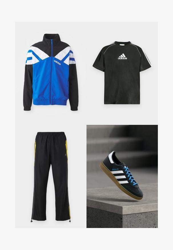 Blaue und schwarze Windbreaker-Jacke mit einem weißen und blauen Chevron-Muster, Reißverschluss, elastischen Bündchen und Seitentaschen. Adidas-Logo angezeigt.; Schwarzes T-Shirt mit kurzen Ärmeln, weißem Adidas-Logo auf der Brust und weißen Streifen auf den Schultern. Aus glattem Stoff, in lockerem Schnitt.; Schwarze Sporthosen mit gelben Seitenakzenten, elastischem Bund und mit Reißverschlüssen versehenen Seitentaschen. Hergestellt aus leichtem, glattem Stoff.; Schwarzer Adidas-Sneaker mit weißen Streifen, blauen Schnürsenkeln und Gummisohle, der über einer grauen Betontreppe im weichen Licht schwebt.