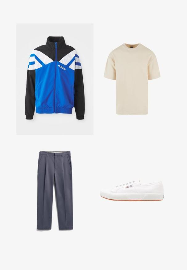 Blaue und schwarze Windbreaker-Jacke mit einem weißen und blauen Chevron-Muster, Reißverschluss, elastischen Bündchen und Seitentaschen. Adidas-Logo angezeigt.; Beige Baumwoll-T-Shirt mit Rundhalsausschnitt, kurzen Ärmeln und geradem Schnitt. Glatte Textur und keine sichtbaren Muster oder Akzente.; Gerade geschnittene graue Hose mit Gürtelschlaufen, zwei schrägen Seitentaschen, gebügelten Bügelfalten und flacher Vorderseite, flach auf weißem Hintergrund liegend.; Weiße Leinensneaker mit Gummisohle, Schnürdesign und einem kleinen Logolabel an der Seite. Strukturierte weiße Oberseite und braune Außensohle.