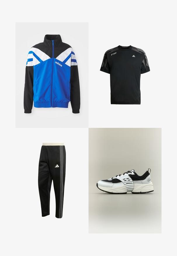 Blaue und schwarze Windbreaker-Jacke mit einem weißen und blauen Chevron-Muster, Reißverschluss, elastischen Bündchen und Seitentaschen. Adidas-Logo angezeigt.; Schwarzes Sport-T-Shirt aus leichtem Material, mit Netzschulterpaneelen, kurzen Ärmeln und weißen adidas- sowie F50-Logos.; Schwarze Sporthose mit weißen dreifachen Streifen an der Seite, Reißverschlusstasche und einem weißen Adidas-Logo am Oberschenkel.; Weißer und schwarzer Sneaker mit niedrigem Schaft, Mesh- und Lederpaneelen, dicker Sohle und geripptem Mittelriemen mit Aufschrift „Jordan“ vor neutralem Hintergrund.