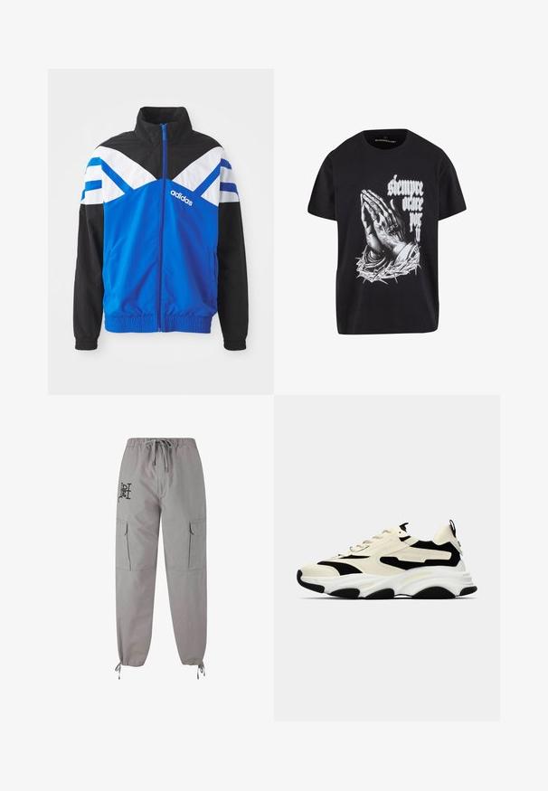 Blaue und schwarze Windbreaker-Jacke mit einem weißen und blauen Chevron-Muster, Reißverschluss, elastischen Bündchen und Seitentaschen. Adidas-Logo angezeigt.; Schwarzes T-Shirt mit kurzen Ärmeln und weißer Grafik von betenden Händen, die in Dornen gewickelt sind, sowie dem Text "siempre orare por ti" in gotischer Schrift.; Graue Cargo-Hosen mit einer Kordelzugtaille, elastischen Bündchen, zwei Seitentaschen und einem Logodetail auf der Vorderseite. Hergestellt aus leichtem Stoff.; Kluftige Turnschuhe mit cremefarbenem Obermaterial, schwarzen Akzenten und strukturierten Einsätzen. Verfügt über eine dicke weiße Sohle und eine schwarze Gummiaußensohle für Traktion.