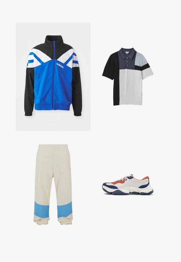 Blaue und schwarze Windbreaker-Jacke mit einem weißen und blauen Chevron-Muster, Reißverschluss, elastischen Bündchen und Seitentaschen. Adidas-Logo angezeigt.; Kurzärmliges Poloshirt mit Farbblock-Design in Schwarz, Grau, Hellblau und Weiß mit drei Knöpfen auf der Frontblende.; Beige Hose mit einem breiten blauen Streifen am Saum. Hergestellt aus weichem Stoff, mit elastischem Bund und lockerer Passform.; Sneaker mit einem Obermaterial aus weißem Leder, orangefarbenen und marineblauen Akzenten, mehrfarbigen Schnürsenkeln und einer dicken Gummisohle in Marineblau mit strukturierten Rillen.