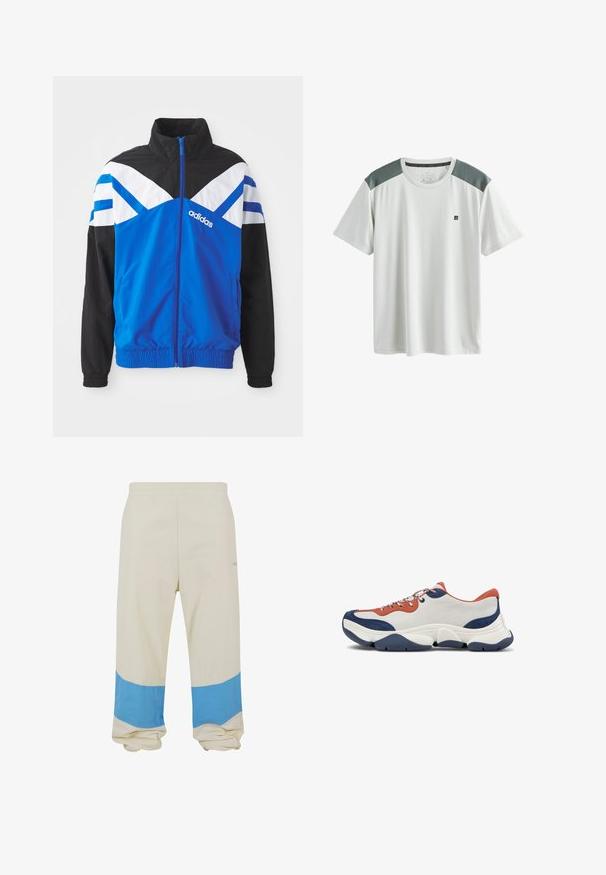 Blå og sort vindjakke med hvid og blå chevronmønster, lynlås lukning, elastiske manchetter og sidelommer. Adidas-logoet vises.; Hvid atletisk T-shirt med korte ærmer, grå mesh skulderpaneler og lille sort logo på venstre bryst.; Beige bukser med en bred blå stribe nær kanten. Lavet af blødt stof, med elastisk talje og en afslappet pasform.; Sneakers med en overdel i hvid læder, orange og marineblå detaljer, flerfarvede snørebånd og en tyk marineblå gummisål med teksturerede riller.