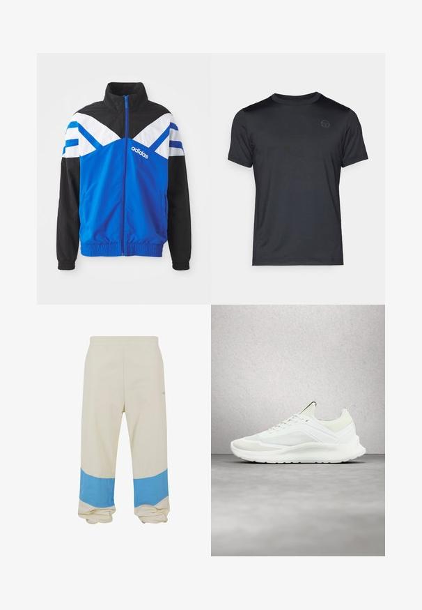 Blå og sort vindjakke med hvid og blå chevronmønster, lynlås lukning, elastiske manchetter og sidelommer. Adidas-logoet vises.; Sort kortærmet t-shirt lavet af glat stof med rund hals og diskret logo på brystet. Casual pasform uden synlige mønstre.; Beige bukser med en bred blå stribe nær kanten. Lavet af blødt stof, med elastisk talje og en afslappet pasform.; Hvid Calvin Klein-sneaker med mesh-detaljer og snørebånd, svævende over en betongulv ved siden af en glasblokvæg.