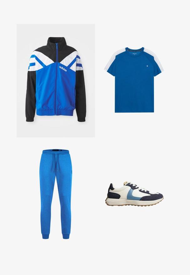 Blå og sort vindjakke med hvid og blå chevronmønster, lynlås lukning, elastiske manchetter og sidelommer. Adidas-logoet vises.; Blå bomulds T-shirt med hvide raglanærmer, rund halsudskæring og et lille logo på venstre bryst. Glat tekstur, afslappet design.; Lys blå joggebukser med elastiske manchetter og snøre i taljen, med et lille logo på højre lår.; Hvid og navy sneaker med lyseblå sidetalje, polstret sål, hvide snørebånd og tekstureret gummisål.