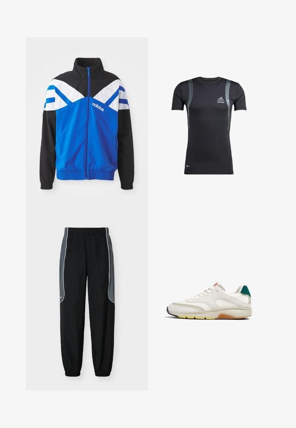Blaue und schwarze Windbreaker-Jacke mit einem weißen und blauen Chevron-Muster, Reißverschluss, elastischen Bündchen und Seitentaschen. Adidas-Logo angezeigt.; Schwarzes, kurzärmeliges Sportshirt mit grauen Akzenten, aus dehnbarem Material. Mit Adidas-Logo auf der linken Brust und Techfit-Branding.; Schwarze Jogginghosen mit dunkelgrauen Seitenpaneelen und weißer Paspelierung, elastischem Bund und Bündchen, vor weißem Hintergrund gezeigt.; Weiße Wildleder- und Mesh-Sneaker mit einer abgerundeten Spitze, grauen Akzenten, grünem Futter und einer gelben Gummisohle. Verfügt über weiße Schnürsenkel und ein Logo.