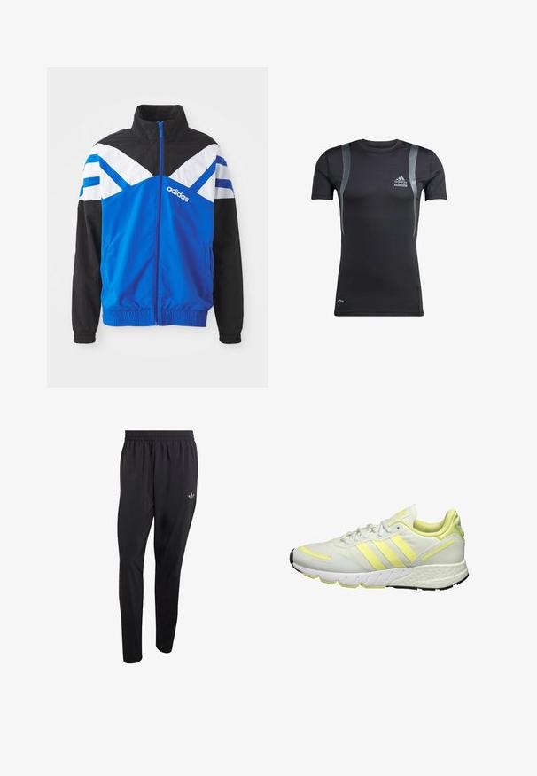 Blaue und schwarze Windbreaker-Jacke mit einem weißen und blauen Chevron-Muster, Reißverschluss, elastischen Bündchen und Seitentaschen. Adidas-Logo angezeigt.; Schwarzes, kurzärmeliges Sportshirt mit grauen Akzenten, aus dehnbarem Material. Mit Adidas-Logo auf der linken Brust und Techfit-Branding.; Schwarze Sporthose aus leichtem Material mit elastischem Bund und einem kleinen eingeprägten Logo im oberen linken Beinbereich.; Weiße Sportschuh mit gelben Akzenten, ausgestattet mit einem glatten Obermaterial, einer strukturierten Sohle und drei Streifen an der Seite zur Markenkennzeichnung.