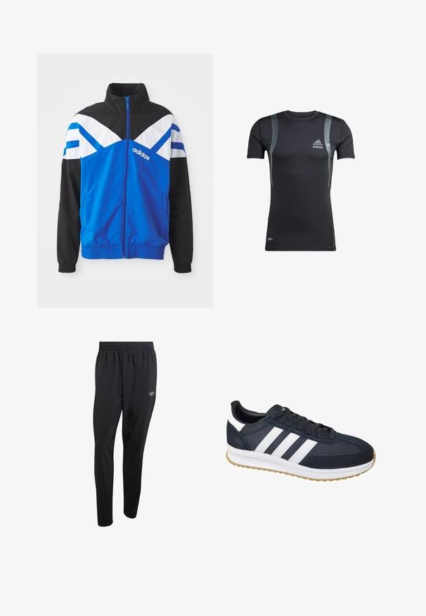 Blå og sort vindjakke med hvid og blå chevronmønster, lynlås lukning, elastiske manchetter og sidelommer. Adidas-logoet vises.; Sort kortærmet træningsskjorte med grå detaljer, lavet af elastisk stof. Har et Adidas-logo på venstre bryst og Techfit-branding.; Sorte atletikbukser lavet af letvægtsmateriale med elastisk taljebånd og et lille præget logo på det øverste venstre benområde.; Mørkeblå ruskind og stof sneakers med hvide striber, gummisål og sorte snørebånd. Har en rund tå og blødt foer.