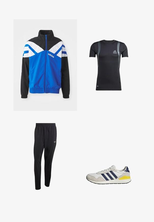 Blaue und schwarze Windbreaker-Jacke mit einem weißen und blauen Chevron-Muster, Reißverschluss, elastischen Bündchen und Seitentaschen. Adidas-Logo angezeigt.; Schwarzes, kurzärmeliges Sportshirt mit grauen Akzenten, aus dehnbarem Material. Mit Adidas-Logo auf der linken Brust und Techfit-Branding.; Schwarze Sporthose aus leichtem Material mit elastischem Bund und einem kleinen eingeprägten Logo im oberen linken Beinbereich.; Weißer und grauer Adidas-Sneaker mit marineblauen Streifen und einem gelben Akzent an der Ferse, seitlich auf weißem Hintergrund dargestellt.