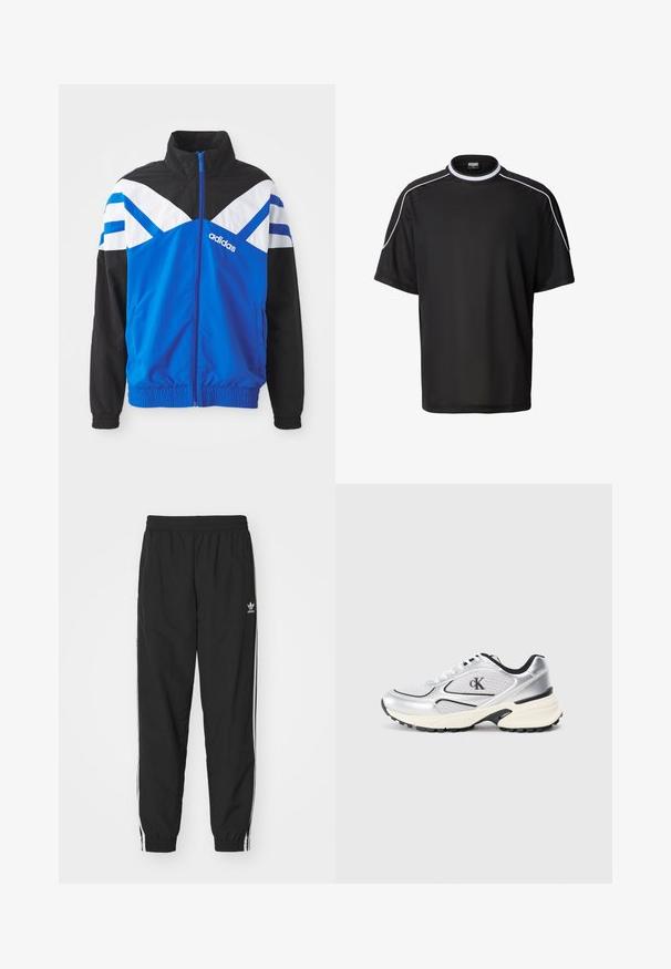 Blå og sort vindjakke med hvid og blå chevronmønster, lynlås lukning, elastiske manchetter og sidelommer. Adidas-logoet vises.; Sort sportstrøje med korte ærmer, hvide kanter langs skuldre og krave, åndbart mesh-stof og rund halsudskæring.; Sorte træningsbukser med elastisk talje og manchetter, med hvide sidelister og et lille hvidt Adidas-logo på venstre hofte.; Sølv atletik sko med mesh-detaljer, sort trim og en tekstureret sål. Har logoet "cK" på siden og et moderne design.