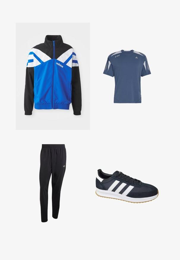 Blaue und schwarze Windbreaker-Jacke mit einem weißen und blauen Chevron-Muster, Reißverschluss, elastischen Bündchen und Seitentaschen. Adidas-Logo angezeigt.; Blaues, kurzärmeliges Sportshirt aus leichtem Stoff. Mit weißen Akzenten an den Schultern und einem Logo auf der Brust. Gerade geschnitten mit rundem Ausschnitt.; Schwarze Sporthose aus leichtem Material mit elastischem Bund und einem kleinen eingeprägten Logo im oberen linken Beinbereich.; Dunkelblaue Wildleder- und Stoff-Sneaker mit weißen Streifen, Gummisohle und schwarzen Schnürsenkeln. Verfügt über eine abgerundete Zehenpartie und ein weiches Futter.