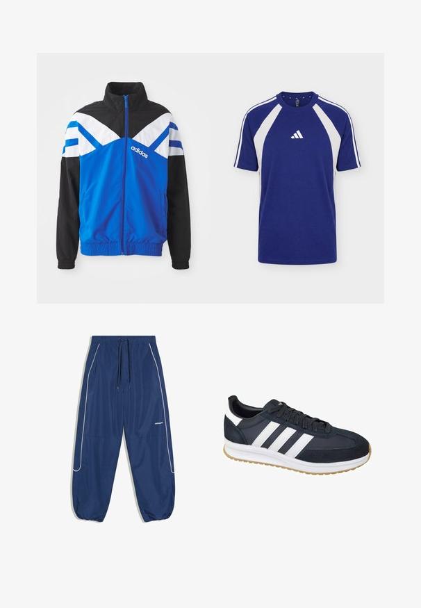 Blå og sort vindjakke med hvid og blå chevronmønster, lynlås lukning, elastiske manchetter og sidelommer. Adidas-logoet vises.; Blå og hvid sports-T-shirt med korte ærmer, rund hals og Adidas-logo på fronten i midten.; Mørkeblå træningsbukser med snøre i taljen, hvide striber på siderne og elastiske manchetter. Fremstillet af let stof med logodetalje.; Mørkeblå ruskind og stof sneakers med hvide striber, gummisål og sorte snørebånd. Har en rund tå og blødt foer.