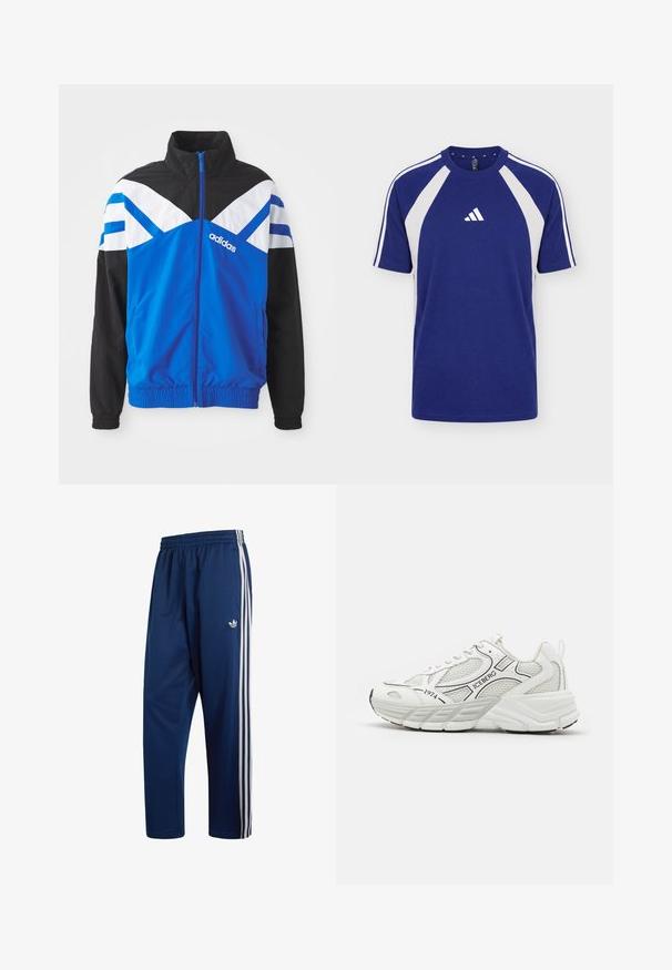 Blaue und schwarze Windbreaker-Jacke mit einem weißen und blauen Chevron-Muster, Reißverschluss, elastischen Bündchen und Seitentaschen. Adidas-Logo angezeigt.; Blau-weißes Sport-T-Shirt mit kurzen Ärmeln, Rundhalsausschnitt und Adidas-Logo in der vorderen Mitte.; Marineblaue Adidas Trainingshose mit elastischem Bund, weißen drei Streifen an den Seiten und kleinem Trefoil-Logo am Oberschenkel.; Weiße Sportschuhe mit Netzpaneelen, strukturierten Überzügen, schwarzen Akzenten und einer dicken Sohle. Mit dem Markennamen "ICEBERG" und dem Jahr "1974."