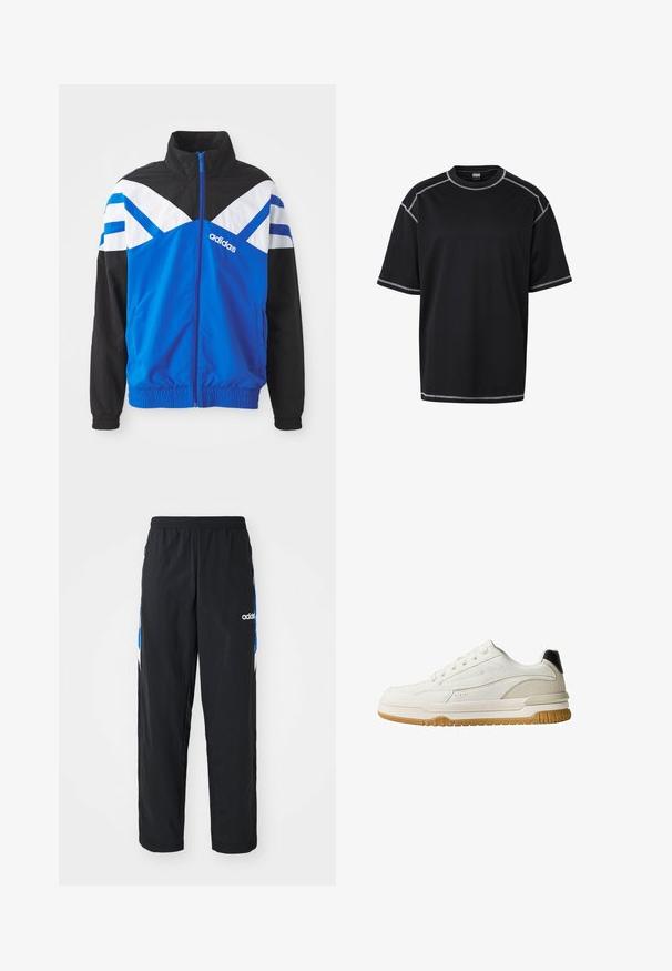 Blaue und schwarze Windbreaker-Jacke mit einem weißen und blauen Chevron-Muster, Reißverschluss, elastischen Bündchen und Seitentaschen. Adidas-Logo angezeigt.; Schwarzes kurzärmeliges T-Shirt mit weißen Kontrastnähten entlang der Nähte und Kanten, Rundhalsausschnitt und entspannter Passform.; Schwarze Sporthose mit elastischem Bund, ausgestattet mit blauen und weißen grafischen Akzenten an den Seiten und einem gestickten Logo.; Weißer Sneaker mit glattem Lederobermaterial, Gummisohle und einem kontrastierenden schwarzen Akzent an der Ferse. Verfügt über tonige Nähte und Perforationen.