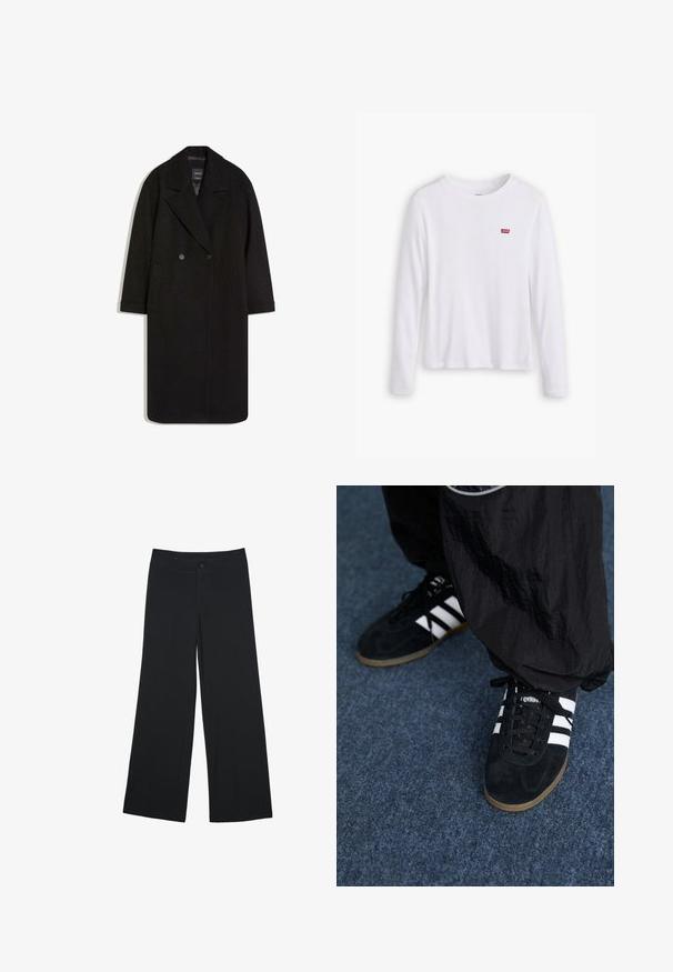 Manteau en mélange de laine noire avec un devant à double boutonnage, grand col à revers, poches latérales, manches longues et silhouette droite.; Chemise blanche à manches longues en coton doux. Présente un petit logo rouge Levi's sur la poitrine gauche. Design classique à col rond.; Pantalons larges en tissu noir, avec des poches avant et une fermeture à bouton. Texture lisse, coupe ajustée et design à longueur complète.; Des chaussures de sport en suède noir avec trois rayures blanches et des lacets noirs. Un pantalon noir texturé est partiellement visible à côté des chaussures.