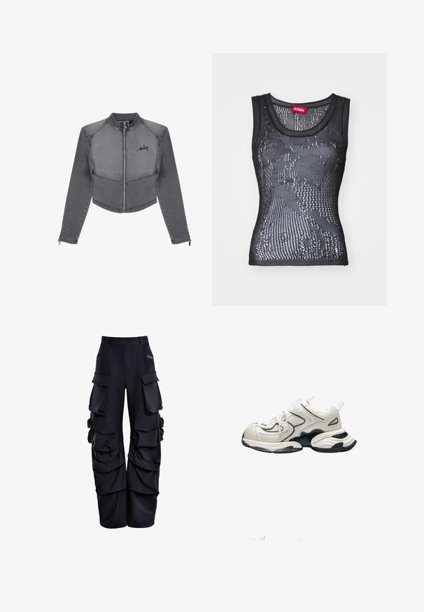 Afskåret grå denimjakke med høj krave, lynlåslukning og logodetalje på brystet. Har kontraststing og tætsiddende ærmer.; Sort mesh tanktop med rund halsudskæring og et mønster af små huller. Labeledet indeni siger "032c." Materialet virker let og tekstureret.; Sorte cargo bukser lavet af struktureret stof, med flere store lommer, en afslappet pasform og fornæbbede detaljer langs siderne.; Kraftig hvid og sort atletiksko med mesh-paneler, tyk sål og trækflapper på hæl og tunge, vist fra siden.