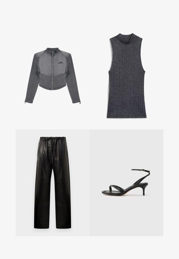 Veste en denim grise coupée avec un col haut, fermeture éclair et détail du logo sur la poitrine. Présente des coutures contrastantes et des manches ajustées.; Haut sans manches en laine côtelée de couleur gris foncé avec une texture scintillante. Présente un col montant et des côtés ouverts pour un design contemporain.; Pantalons en cuir noir avec une coupe décontractée, taille élastique et cordon de serrage. Présente une texture lisse et un design à jambes larges.; Sandale pour femme en cuir noir avec fines lanières, une boucle d'orteil, une boucle à la cheville et un talon aiguille de hauteur moyenne sur un fond neutre.