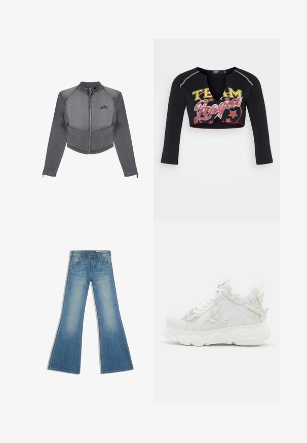 Geknipte grijze denim jas met een hoge kraag, ritsluiting en logo-detail op de borst. Kenmerken zijn contrasterende stiksels en aansluitende mouwen.; Jaded London CROPPED RAGLAN WITH CONTRAST STITCH & PLACEMENT SCREEN PRINT - Longsleeve - mehrfarbig; Blauwe spijkerbroek met uitlopende pijpen, voorzakken en knoopsluiting, afgebeeld tegen een witte achtergrond.; Witte chunky sneaker met dikke zool en decoratieve 3D vlinderaccenten aan de zijkant, veters en hiel.