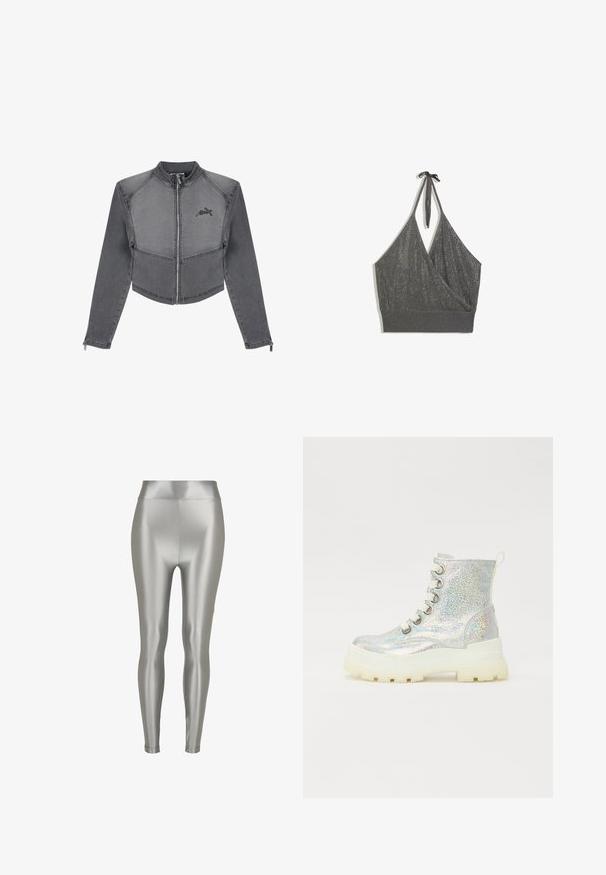 Afskåret grå denimjakke med høj krave, lynlåslukning og logodetalje på brystet. Har kontraststing og tætsiddende ærmer.; Grå halterneck strikket croptop med omslag foran og bred ribbet kant på hvid baggrund.; Sølvleggings med høj talje, lavet af et glat, skinnende materiale. Den tætsiddende pasform fremhæver en slank silhuet uden synlige mønstre.; Sølv glitrende ankelstøvler med en chunky hvid sål, der har runde snørebånd og en løkke bagpå. Glat, reflekterende overflade.