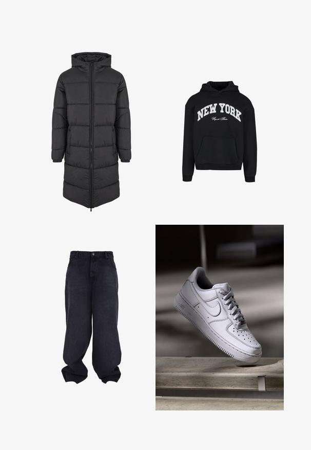 Zwarte pufferjas met capuchon, voorzien van een lang model, doorgestikte structuur, ritssluiting aan de voorkant en zijzakken voor warmte en functionaliteit.; Zwarte hoodie van zacht materiaal met een voorkantzak, ribgebreide boorden en zoom, met "NEW YORK" in witte gebogen tekst.; Zwarte oversized baggy jeans met knoop- en ritssluiting aan de voorkant, voorzakken en losse, brede pijpen.; Witte Nike Air Force 1 sneaker van leer met geperforeerde neus, platte veters en een gestructureerde rubberen zool met "AIR"-logo aan de zijkant.