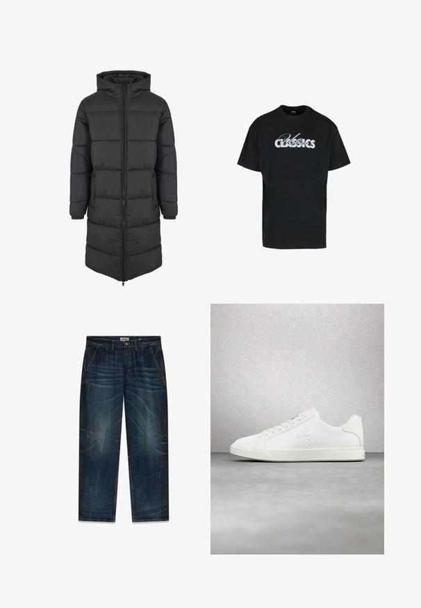Zwarte pufferjas met capuchon, voorzien van een lang model, doorgestikte structuur, ritssluiting aan de voorkant en zijzakken voor warmte en functionaliteit.; Zwart katoenen t-shirt met korte mouwen met vet wit tekst die "Urban Classics" leest. Ronde hals, comfortabele pasvorm, gladde textuur.; Donkere blauwe spijkerbroek met een vervaagde wassing, een losse pasvorm, vijf zakken en contrasterende gele stikdetails.; Witte leren sneaker met een gladde afwerking, vetersluiting, logodetail aan de zijkant en een contrasterende witte rubberen zool.