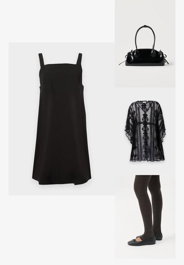 Black lace kimono with intricate embroidery, featuring a relaxed fit, short sleeves, and scalloped edges, showcasing geometric patterns.; Black sleeveless dress with a square neckline, made from smooth fabric, featuring a loose fit and straight cut. No visible patterns or hardware.; Legs wearing dark ribbed leggings paired with black ballet flats featuring small bow details on a white background.; Small black glossy handbag with two long handles and side drawstring details on a plain light background.