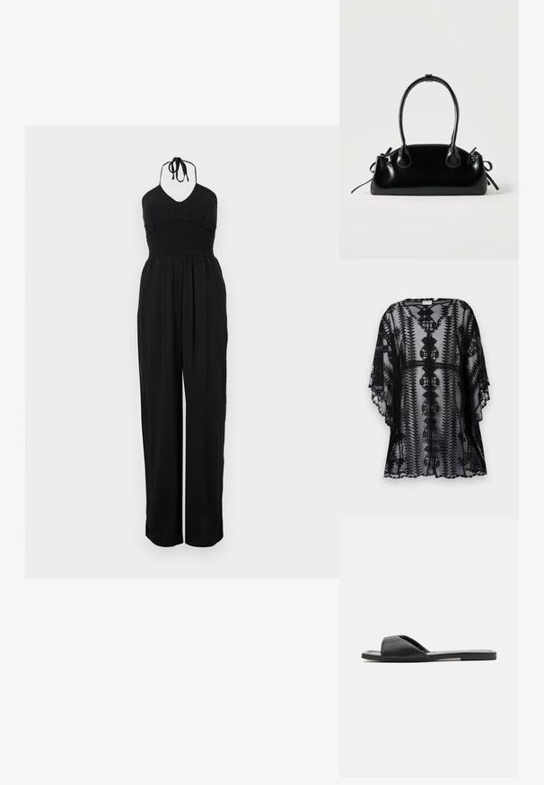 Kimono de encaje negro con bordados intrincados, que presenta un corte relajado, mangas cortas y bordes festoneados, mostrando patrones geométricos.; Mono negro de tirantes con corsé fruncido, pantalones de pierna ancha y un acabado texturizado. Los lazos ajustables en el cuello completan el diseño.; Las chanclas negras cuentan con un material sintético suave, diseño de punta abierta y una suela plana con una tira de acento mínima en el costado.; Pequeño bolso negro brillante con dos asas largas y detalles de cordón lateral sobre un fondo claro liso.