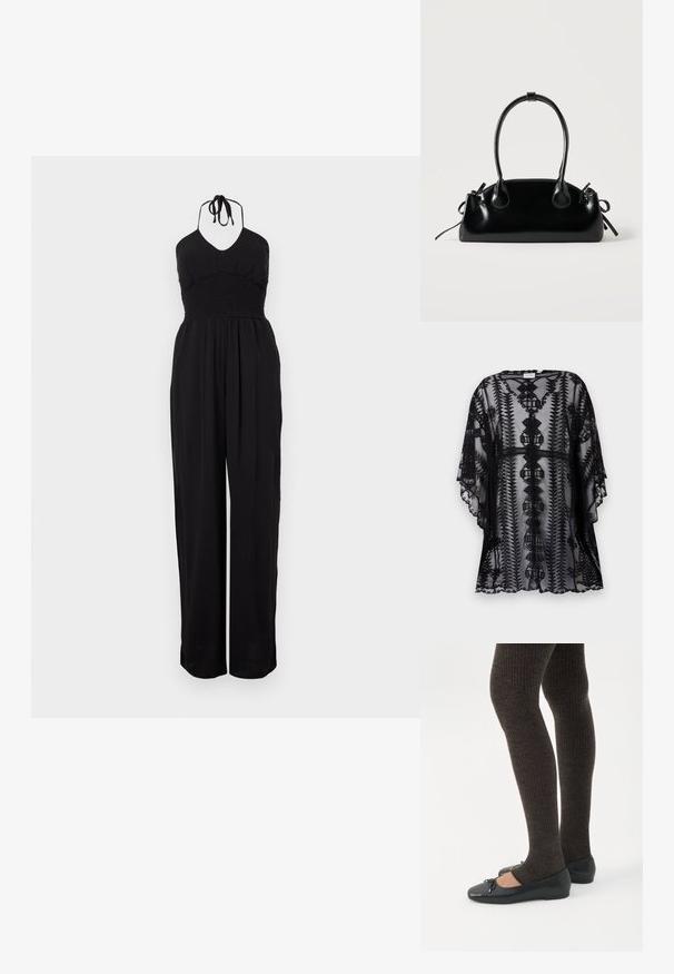 Sort blondel lace kimono med detaljeret broderi, der har en afslappet pasform, korte ærmer og bølgede kanter, som viser geometriske mønstre.; Sort halterneck jumpsuit med smocked liv, vide bukser og en struktureret overflade. Justerbare nakkebånd fuldender designet.; Ben iført mørke ribbede leggings kombineret med sorte balletsko med små sløjfedetaljer på hvid baggrund.; Lille sort blank håndtaske med to lange håndtag og snøre-detaljer i siden på en ensfarvet lys baggrund.