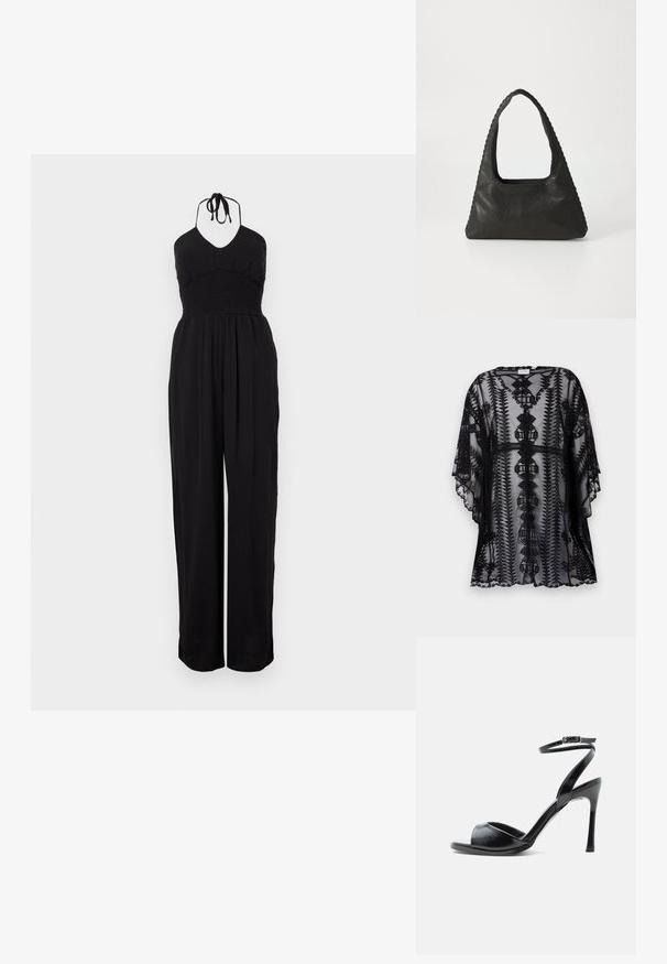 Black lace kimono with intricate embroidery, featuring a relaxed fit, short sleeves, and scalloped edges, showcasing geometric patterns.; Black halter jumpsuit with smocked bodice, wide-leg pants, and a textured finish. Adjustable neck ties complete the design.; Black high-heeled sandal with open toe, slim stiletto heel, and ankle strap with buckle on a white background.; Black leather handbag featuring a triangular shape, a large cut-out handle, and detailed stitching along the edges. Smooth texture.