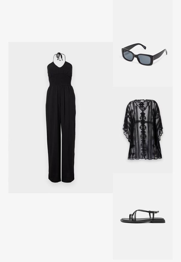 Kimono de encaje negro con bordados intrincados, que presenta un corte relajado, mangas cortas y bordes festoneados, mostrando patrones geométricos.; Mono negro de tirantes con corsé fruncido, pantalones de pierna ancha y un acabado texturizado. Los lazos ajustables en el cuello completan el diseño.; Sandalias planas negras con tiras ajustables finas, con una pala rectangular y un acabado mate texturizado. Presentan un tacón bajo ligeramente cuadrado.; Gafas de sol rectangulares negras con lentes oscuros, montura de plástico grueso y patillas anchas. Superficie lisa y diseño anguloso.