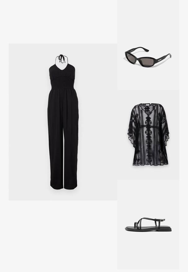 Sort blondel lace kimono med detaljeret broderi, der har en afslappet pasform, korte ærmer og bølgede kanter, som viser geometriske mønstre.; Sort halterneck jumpsuit med smocked liv, vide bukser og en struktureret overflade. Justerbare nakkebånd fuldender designet.; Sorte flade sandaler med tynde justerbare stropper, rektangulær tåpost og en struktureret mat finish. Har en lav, let firkantet hæl.; Sorte solbriller med rektangulært stel, mørke linser, glat plastmateriale og en metalaccent på templet.